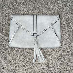 Light Gray Whipstitch Envelope Clutch with Tassel Detail